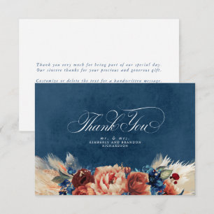 Terracotta Navy Blue Floral Boho Wedding Thank You Card