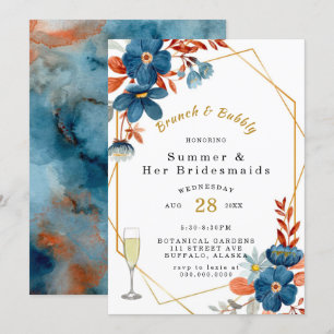 Terracotta Navy Blue Floral Brunch and Bubbly Invitation