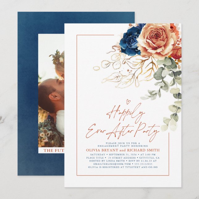 Terracotta & Navy Blue Floral Engagement Party Invitation (Front/Back)