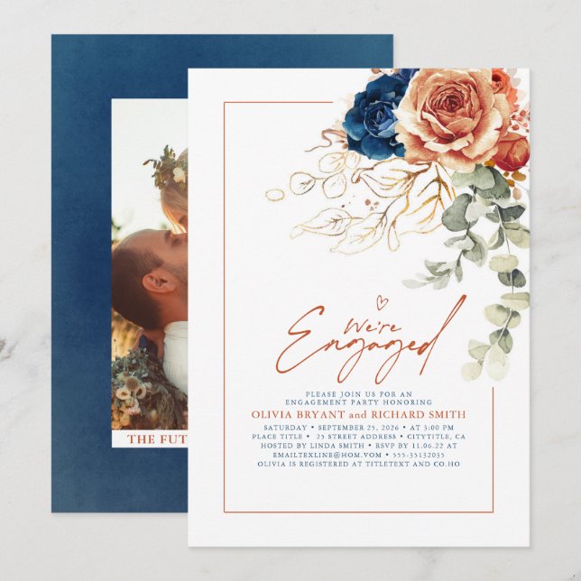 Terracotta & Navy Blue Floral Engagement Party Invitation (Front/Back)