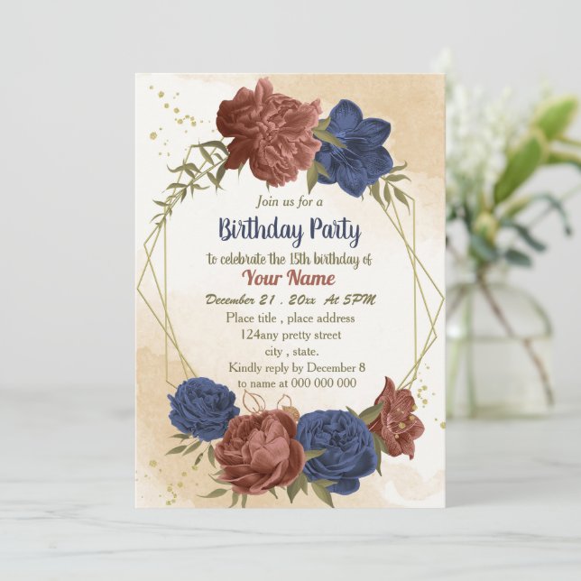 terracotta navy blue floral greenery birthday  invitation (Standing Front)