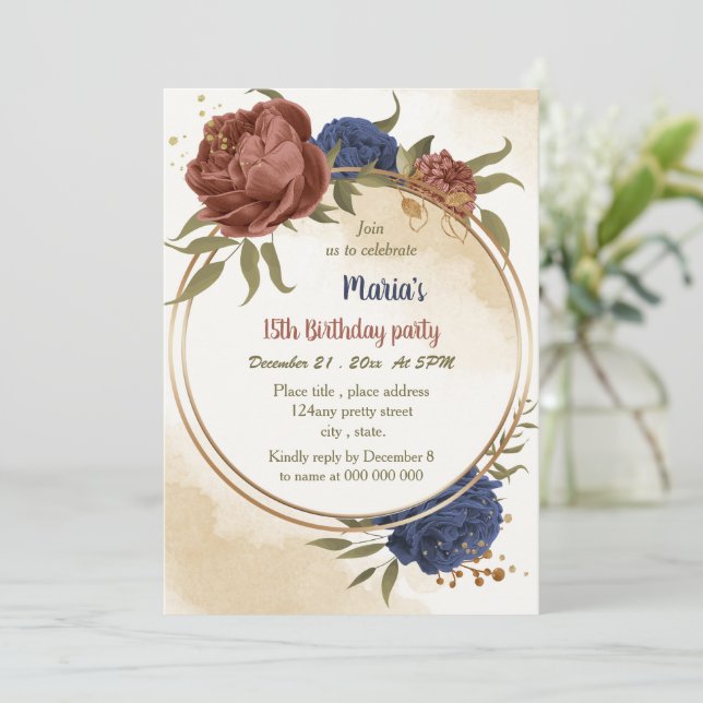 terracotta navy blue floral greenery birthday  invitation (Standing Front)