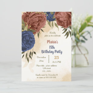 terracotta navy blue floral greenery birthday  invitation