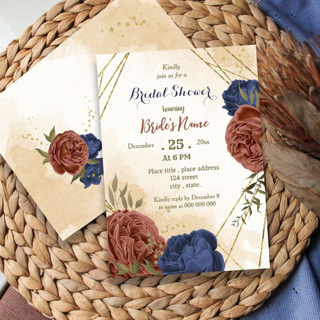 terracotta navy blue floral greenery bridal shower invitation (Creator Uploaded)