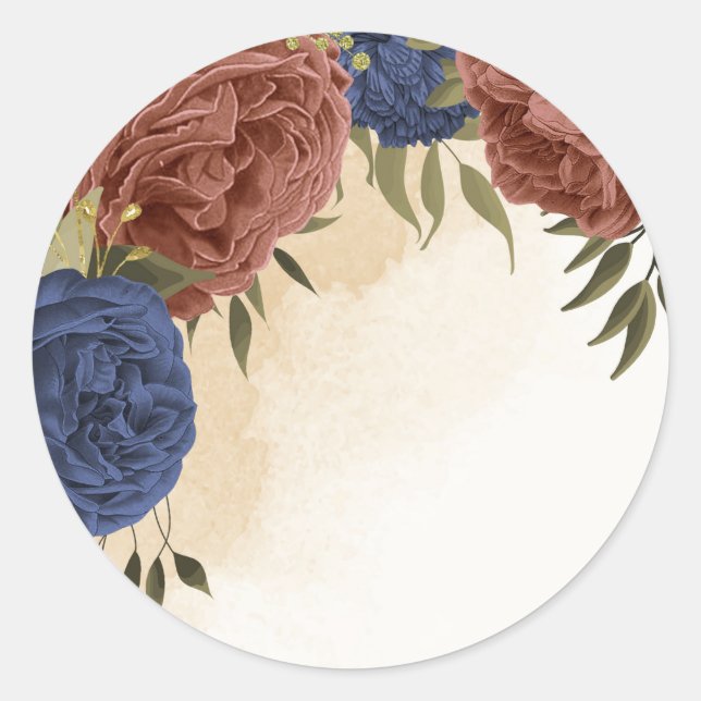 terracotta navy blue floral greenery classic round sticker (Front)