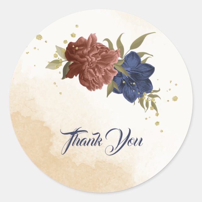 terracotta navy blue floral greenery classic round sticker (Front)