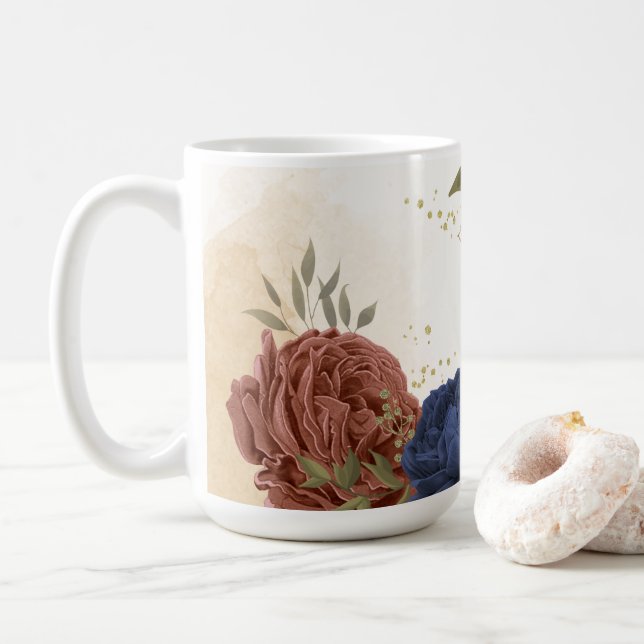 terracotta navy blue floral greenery coffee mug (With Donut)