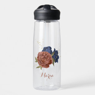terracotta navy blue floral greenery name water bottle