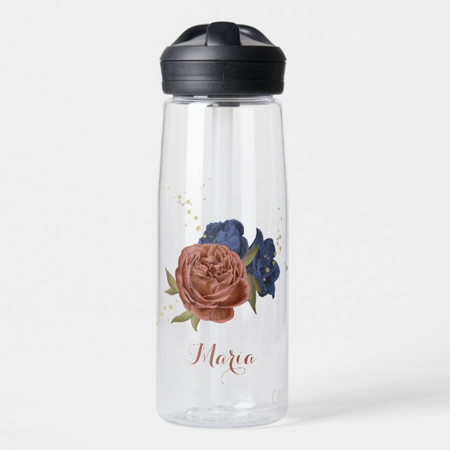terracotta navy blue floral greenery name water bottle (Front)