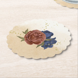 terracotta navy blue floral greenery paper coaster