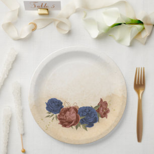 terracotta navy blue floral greenery paper plate