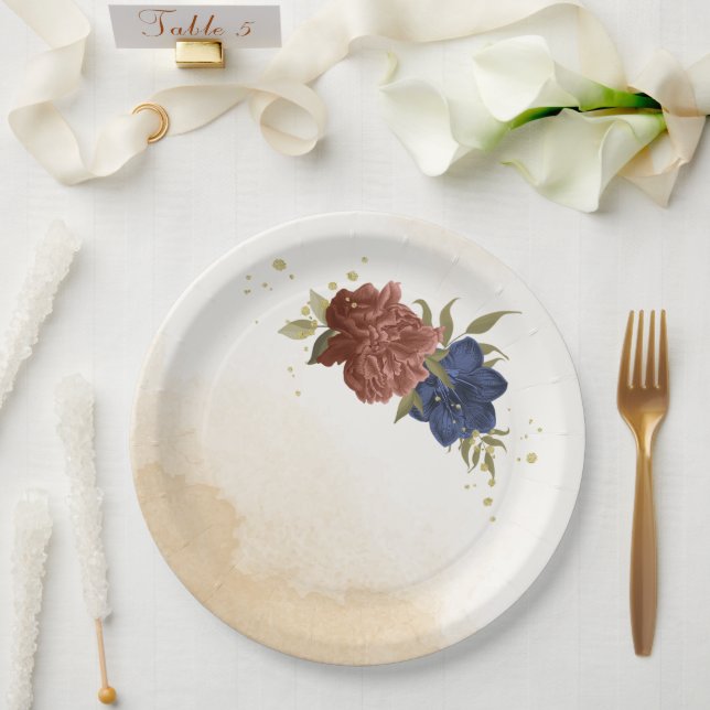 terracotta navy blue floral greenery paper plate (Wedding)