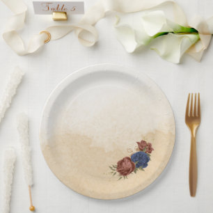 terracotta navy blue floral greenery paper plate