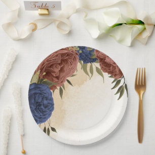 terracotta navy blue floral greenery paper plate