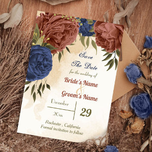 terracotta navy blue floral greenery save the date