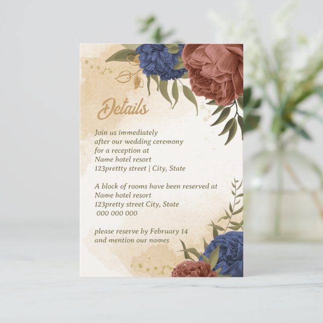 terracotta navy blue floral greenery wedding enclosure card (Standing Front)