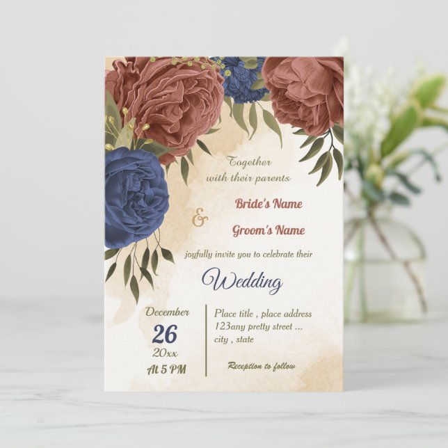 terracotta navy blue floral greenery wedding invitation (Standing Front)