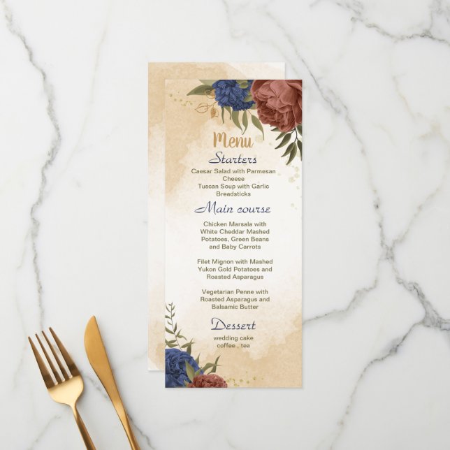 terracotta navy blue floral greenery wedding menu (Front/Back In Situ)