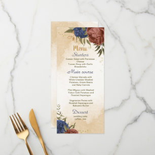 terracotta navy blue floral greenery wedding menu