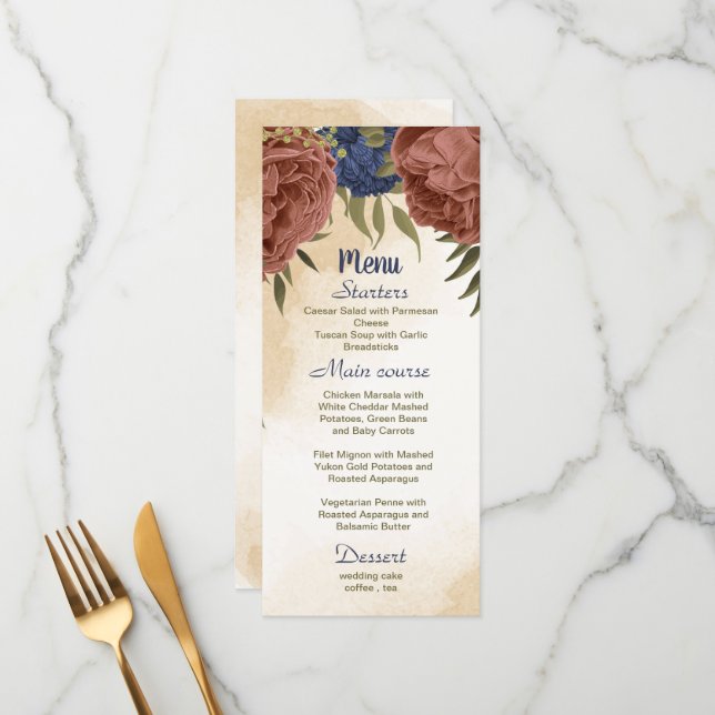 terracotta navy blue floral greenery wedding menu (Front/Back In Situ)