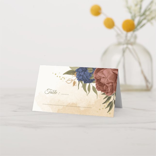 terracotta navy blue floral greenery wedding place card (Front)