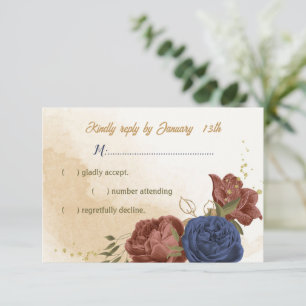 terracotta navy blue floral greenery wedding RSVP card