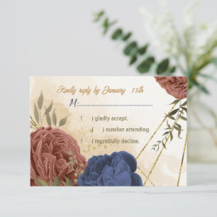 terracotta navy blue floral greenery wedding RSVP card
