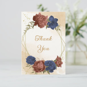 terracotta navy blue floral greenery wedding thank you card