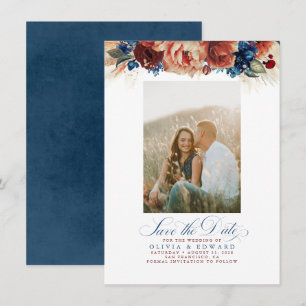 Terracotta Navy Blue Floral Save The Date Photo