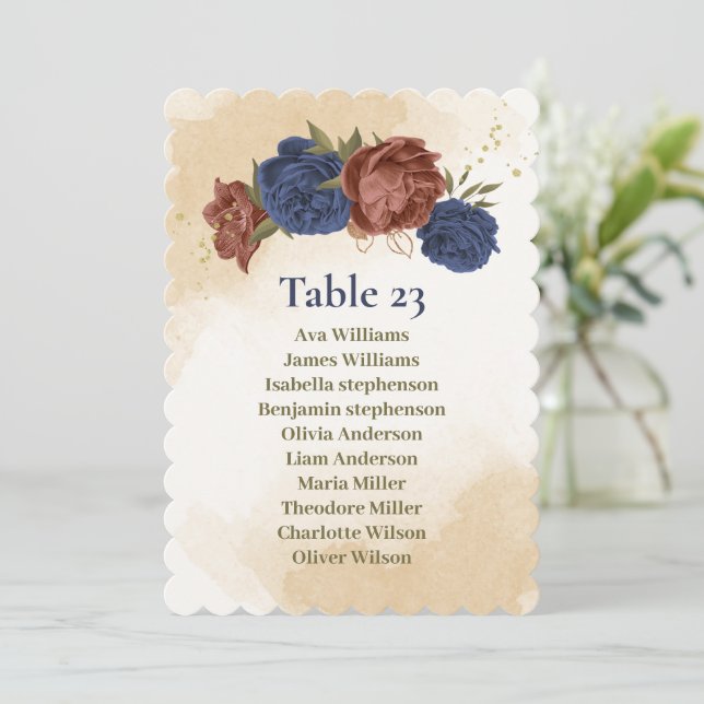 terracotta navy blue floral seating chart card (Standing Front)