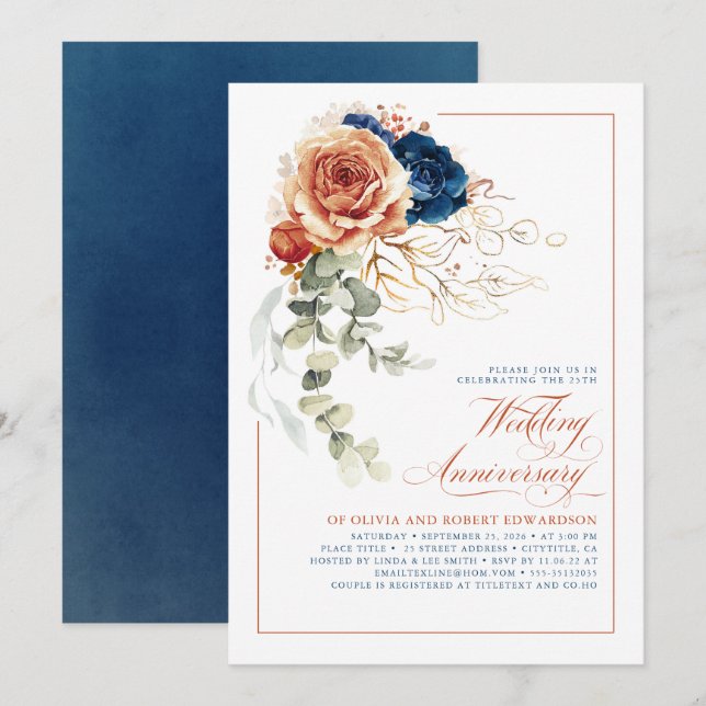 Terracotta & Navy Blue Floral Wedding Anniversary Invitation (Front/Back)
