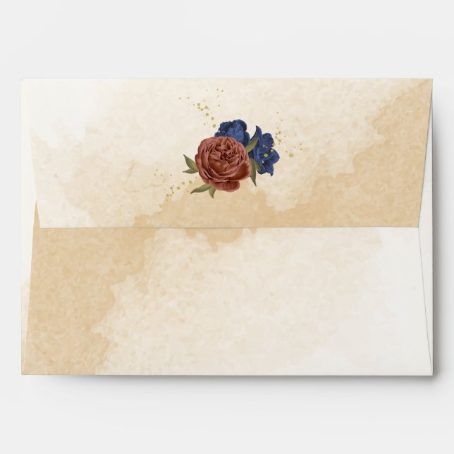 terracotta navy blue floral wedding envelope (Back (Top Flap))