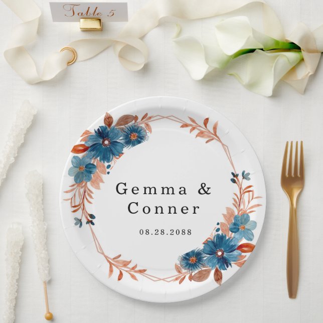 Terracotta Navy Blue Floral Wedding  Paper Plate (Wedding)