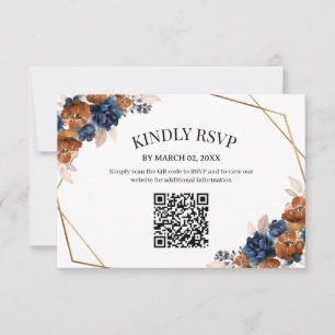 Terracotta Navy Blue Floral Wedding QR Code  RSVP Card