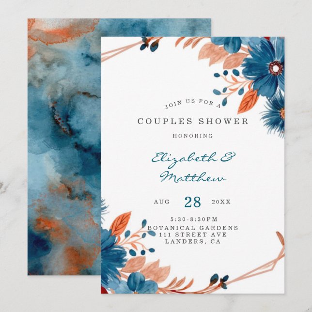 Terracotta Navy Blue Florals Couples Shower  Invitation (Front/Back)