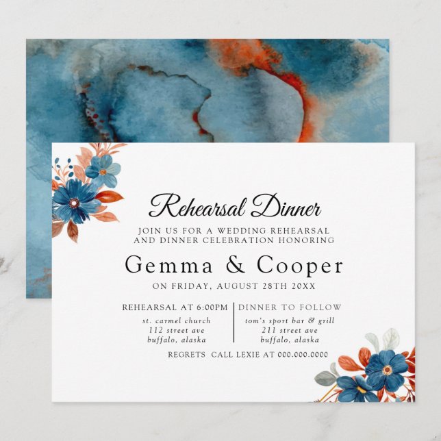 Terracotta Navy Blue Florals Rehearsal Dinner Invitation (Front/Back)