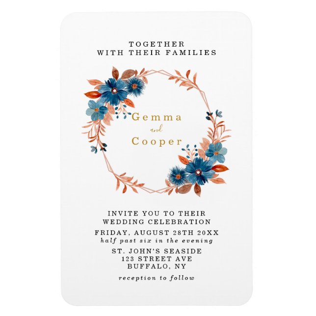 Terracotta Navy Blue Florals Wedding Invite Magnet (Vertical)