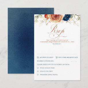 Terracotta Navy Blue Flowers Wedding RSVP Card