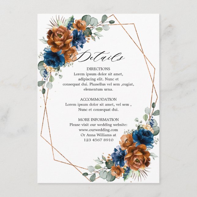 Terracotta Navy Blue Geometric Wedding Details Enclosure Card (Front)
