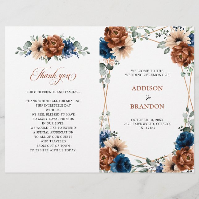 Terracotta Navy Blue Geometric Wedding Program (Front)