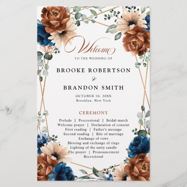 Terracotta Navy Blue Geometric Wedding Program (Front)