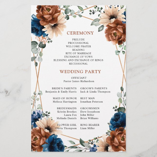 Terracotta Navy Blue Geometric Wedding Program (Back)