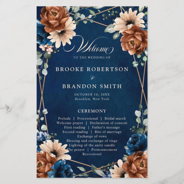 Terracotta Navy Blue Geometric Wedding Program (Front)