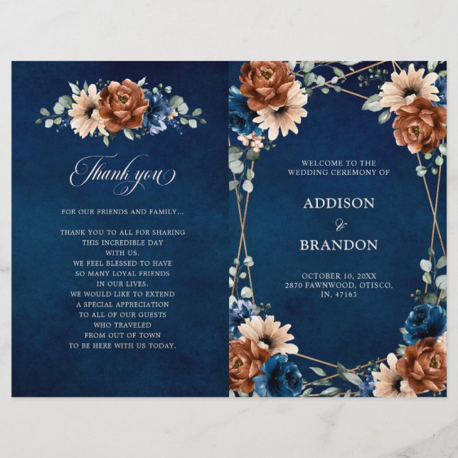 Terracotta Navy Blue Geometric Wedding Program (Front)