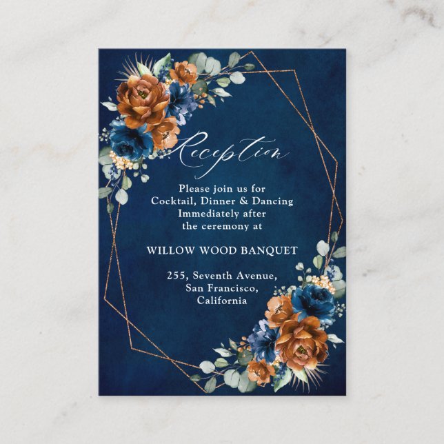 Terracotta Navy Blue Geometric Wedding Reception E Enclosure Card (Front)