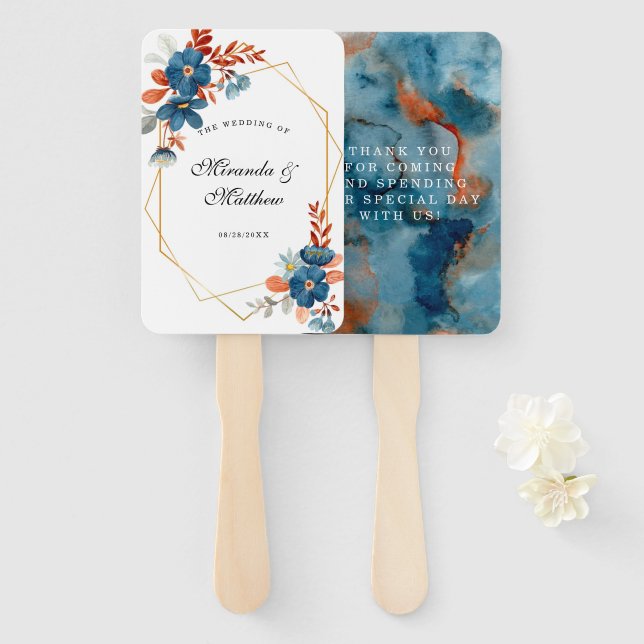 Terracotta Navy Blue Geometric Wedding Thank You Hand Fan (Front and Back)