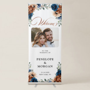 Terracotta Navy Blue Geometric Wedding Welcome Retractable Banner