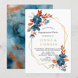 Terracotta Navy Blue Gold Floral Engagement Party Invitation
