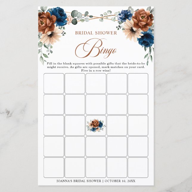 Terracotta Navy Blue Greenery Bridal Shower Bingo (Front)