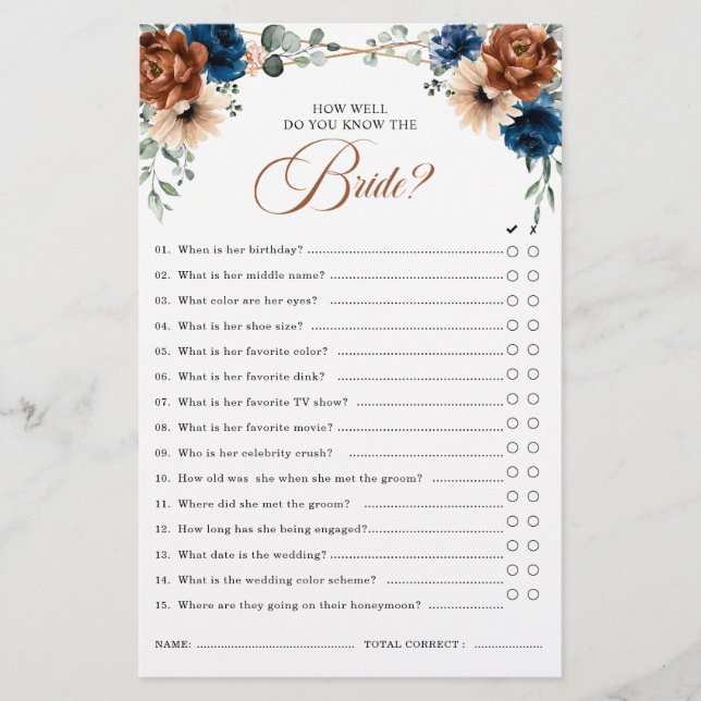 Terracotta Navy Blue Greenery Bridal Shower Game (Front)